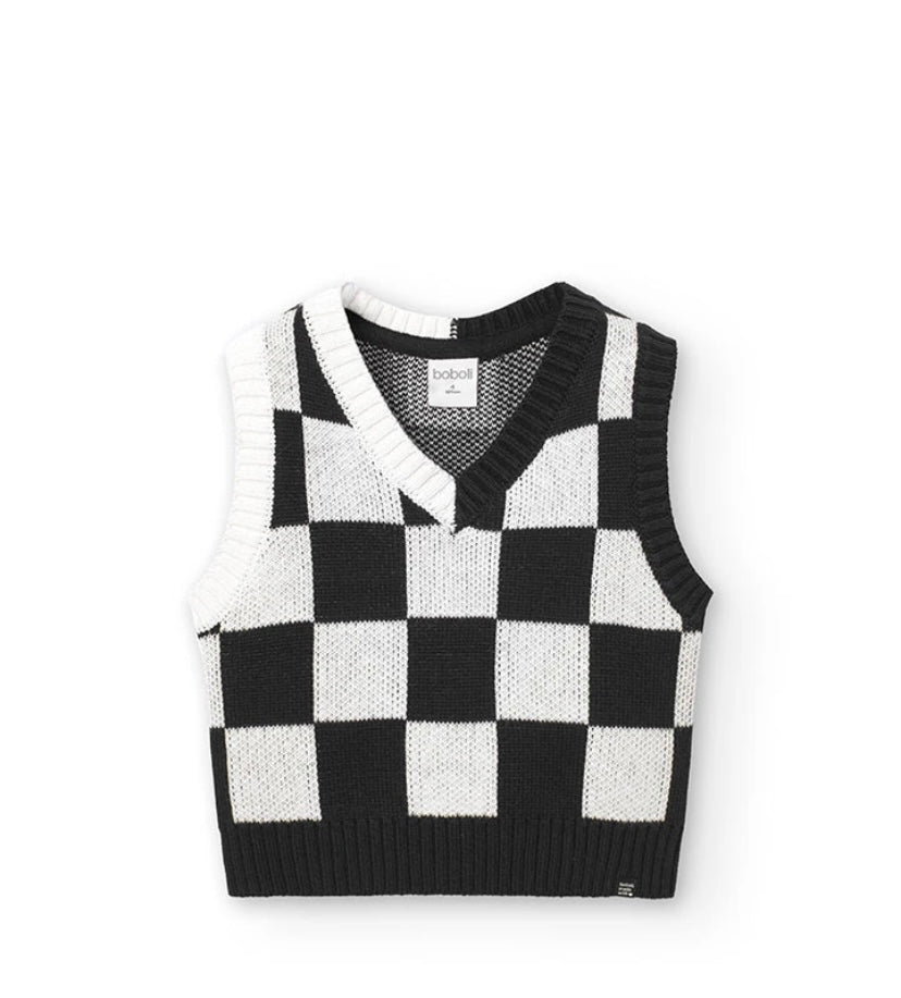 Chaleco de tricotosa para niña estampado de cuadros en blanco y negro Boboli