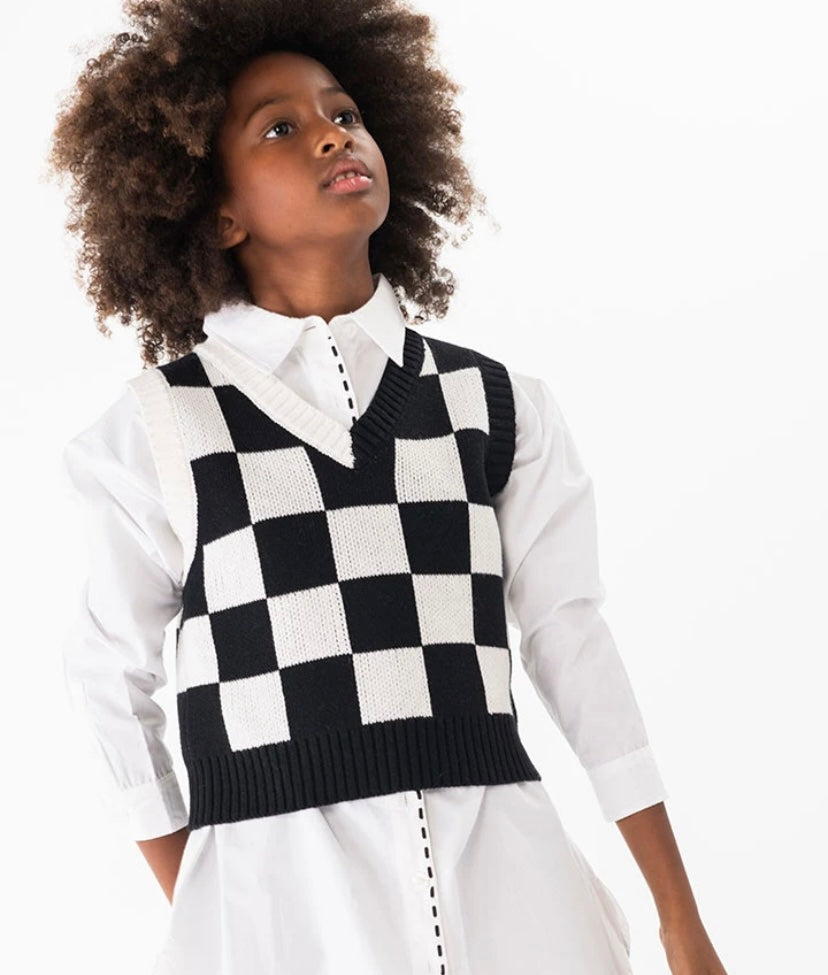 Chaleco de tricotosa para niña estampado de cuadros en blanco y negro Boboli