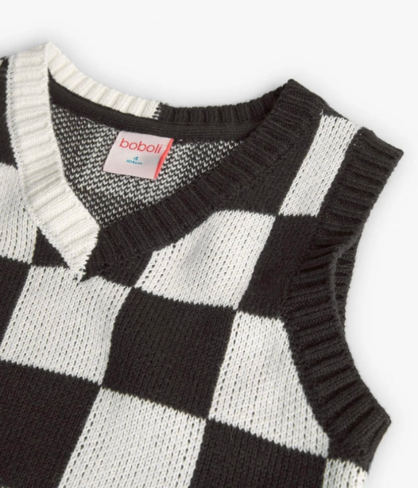 Chaleco de tricotosa para niña estampado de cuadros en blanco y negro Boboli