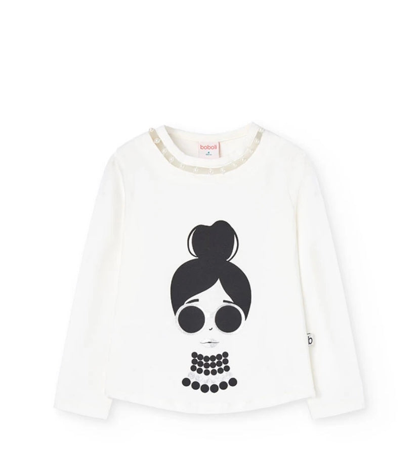 Camiseta de punto elástico para niña en blanco Boboli