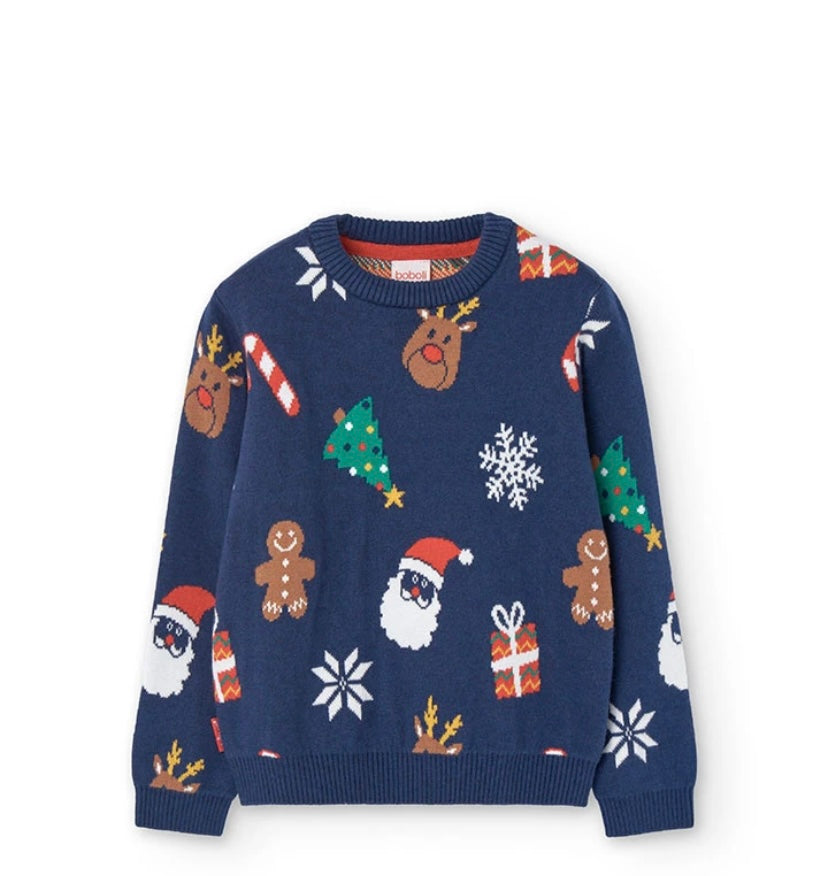 Jersey de tricotosa unisex con estampado navideño en azul marino Boboli
