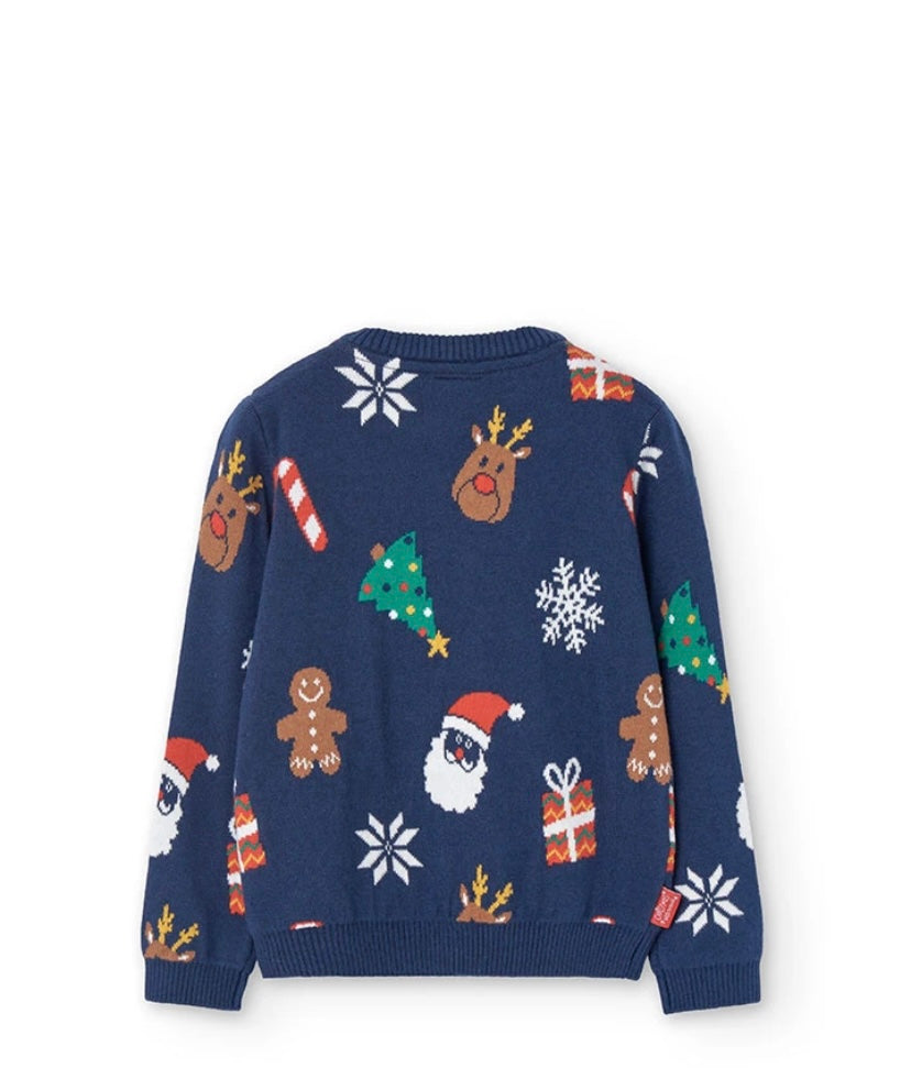 Jersey de tricotosa unisex con estampado navideño en azul marino Boboli