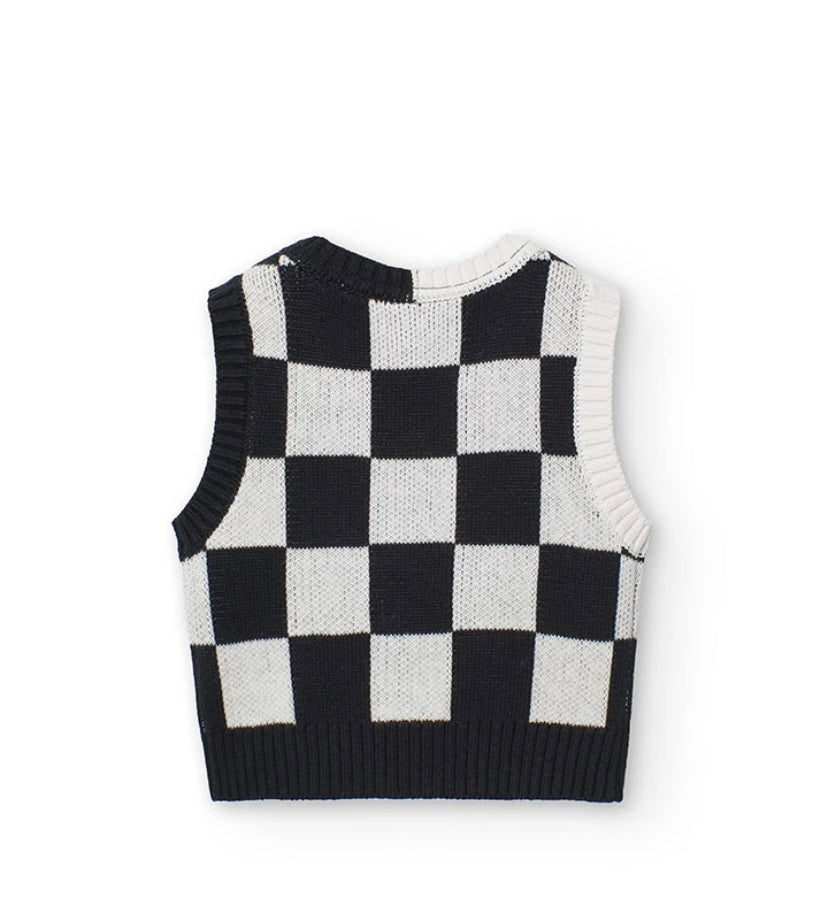 Chaleco de tricotosa para niña estampado de cuadros en blanco y negro Boboli